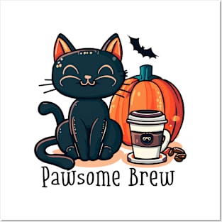 Pawsome Brew | Cat, Pumpkin and a Coffee Posters and Art